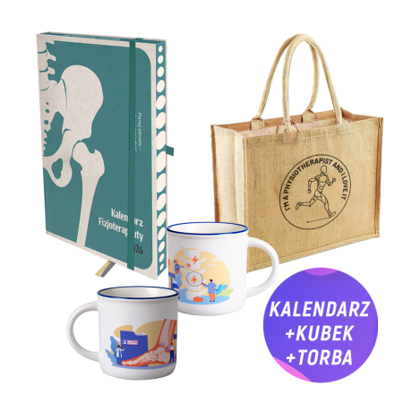Pakiet: Kalendarz fizjoterapeuty 2026 + Kubek emaliowany + Torba jutowa